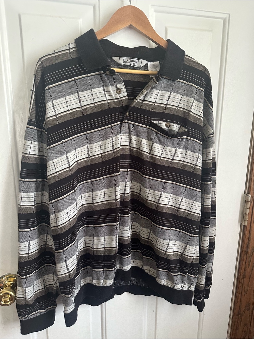 Vintage LD Sport International Black & Gray Striped Long Sleeve Polo XXL
